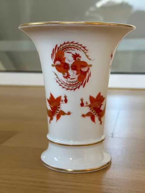 Meissener Porzellan Trompetenvase Vase Roter Reicher Hofdrache rot-gold 14cm