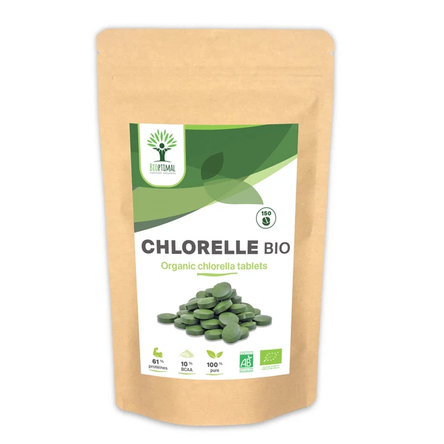 Chlorella Bio - Bioptimal - Protéine B12 - 100% Chlorelle Pure - 150 comprimés