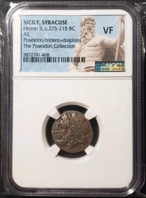 Ancient Greek Coin NGC VF Sicily Hieron II 275-215 BC AE Poseidon Trident Bronze