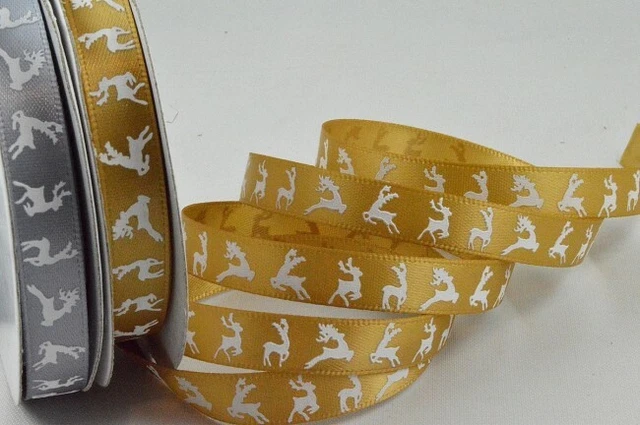 Gold oder Silber Satin Weihnachtsband mit Rentieren 10 mm x 10M rollenfrei UK Post