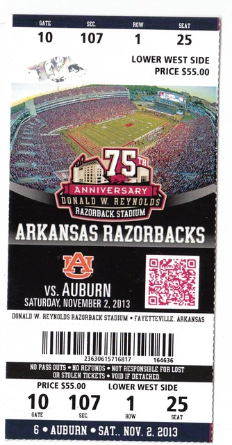 2013 Arkansas Razorbacks Vs Auburn Tigers College Football Ticket Stub 11/2/13