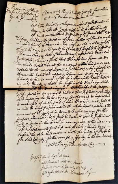 1744 antique COLONIAL handwritten DEED scarborough me SEALEY massachusetts bay