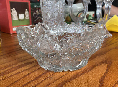 American Brilliant Period Diamond Cut Hobnob Cut Glass Bowl 8 1/4" - Antique