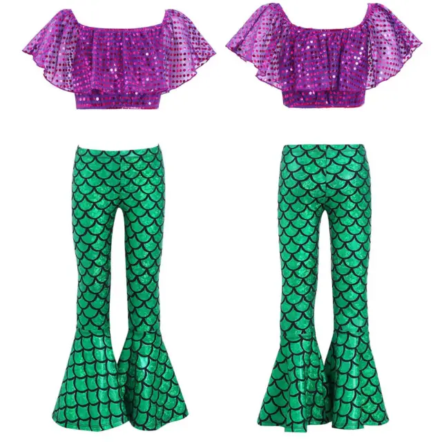 Kids Girls Mermaid Costume Cosplay Outfit Sequins Top Fish Scales Pants Dress up