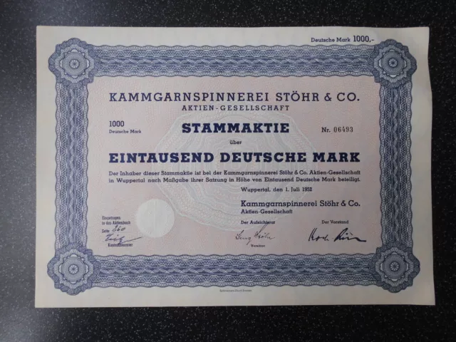 Kammgarnspinnerei Stöhr & Co. Ag 1000 Dm Historische Aktie Von 1952 + Kuponbogen