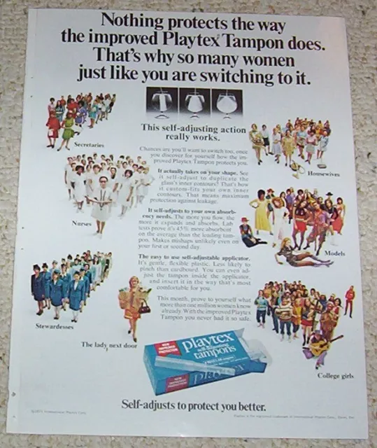 1971 PRINT AD page - Playtex Tampons-stewardess-college girls