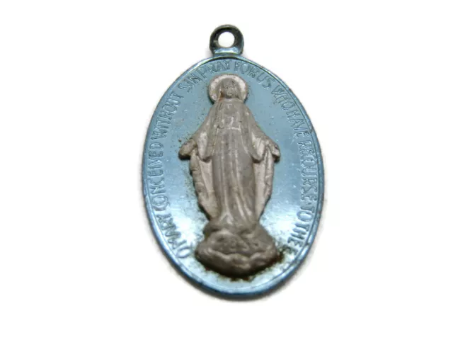 Mother Mary Pray For Us Necklace Charm Blue & Silver Tone