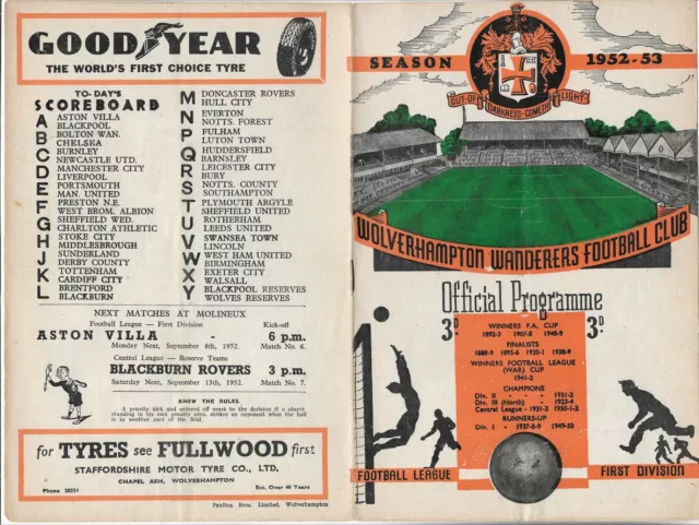 WOLVERHAMPTON WANDERERS v ARSENAL F.C. (DIVISION ONE) 1952-3