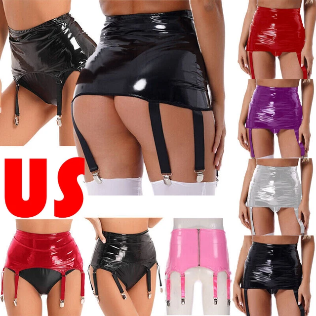US Women Leather Mini Skirt with Garter Metal Clips Belts Bodycon Party Clubwear