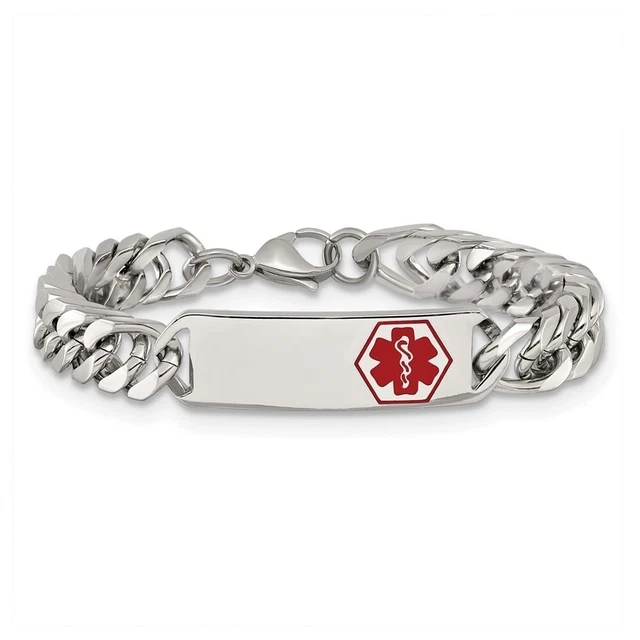 Mens Stainless Steel Red Enamel Medical I.D. Rambo Bracelet, 8.5 Inch