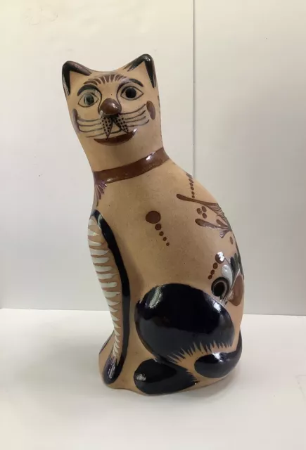 Life Size Tonala Cat Figure Mexico Folk Art Pottery 15" Signed Hand Painted