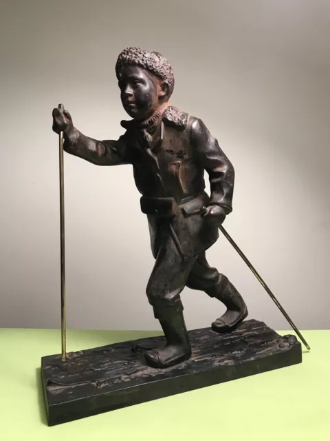 Old Big Heavy Soviet Red Army Young Skier Soldier Bolshevik Cast Iron Sculpture