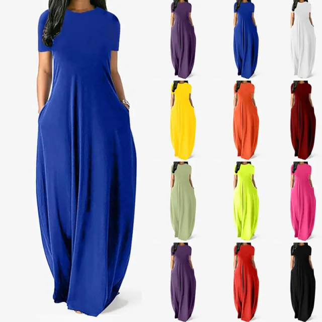 Women O Neck Short Sleeve Pocket Dress Ladies Casual Long Maxi Dresses Plus Size