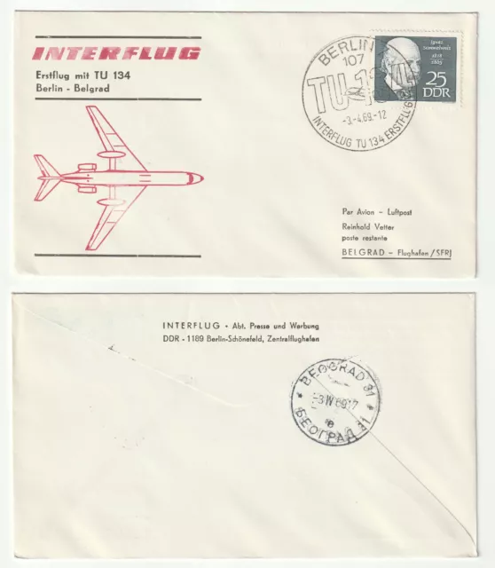 96733 -Sonderstempel/Umschlag: Interflug TU 134 Erstflug Berlin-Belgrad 3.4.1969