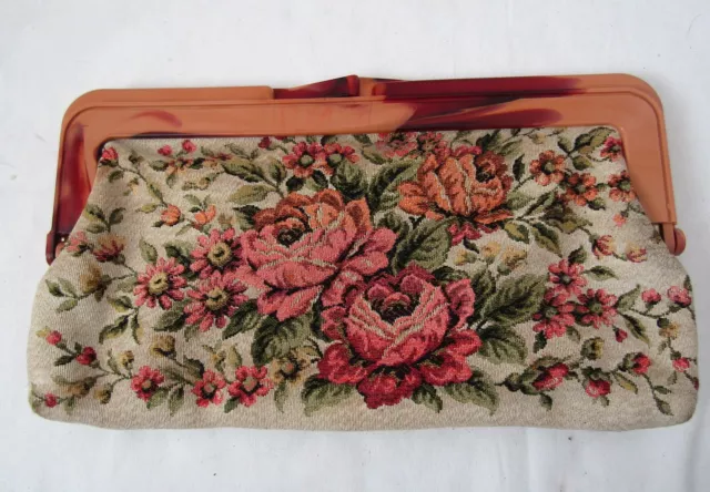 Vintage 50s 60s Floral Tapestry Petit Point Fabric Large Clutch Resin Clasp Bag