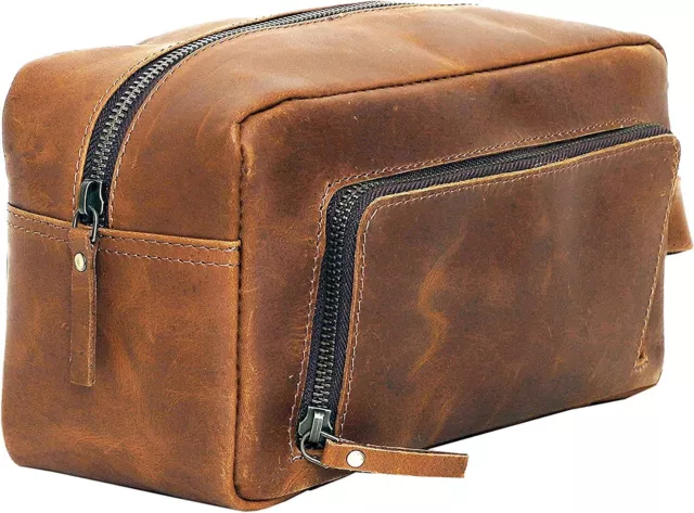 New Genuine Leather Mens Toiletry Bag Travel Organizer Dopp Kit Men Shaving Case