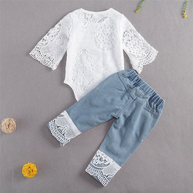 Baby Girl Clothes Fall Cute Baby Girl Outfit Sets Lace Romper Blue Denim Pants