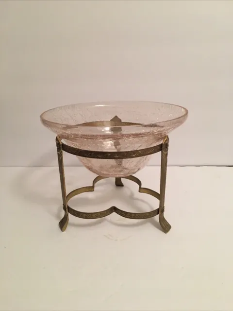 Vintage Light Pink Crackle Glass Bowl And Brass Planter Stand 8.5”x 6.75”