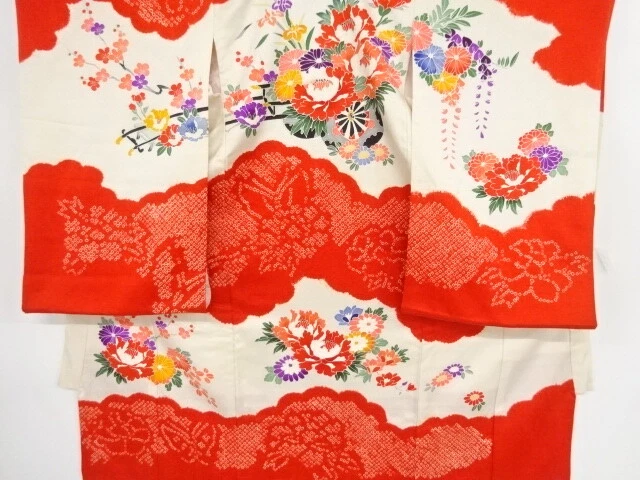 45447# Japanese Kimono / Antique Kimono For Girls / Shibori / Flower Cart