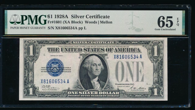 AC 1928A $1 Silver Certificate PMG 65 EPQ X-A block  Fr 1601