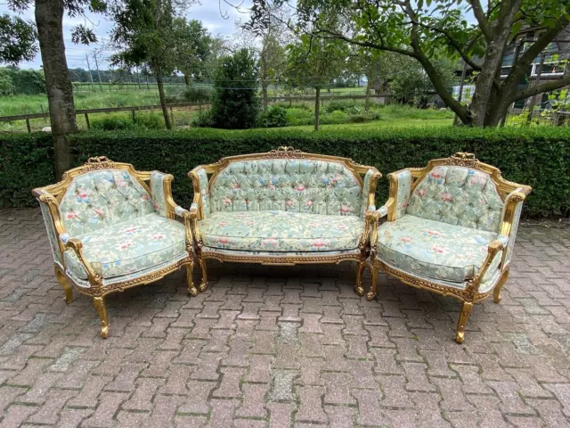 French Louis XVI / Baroque style sofa set in pistachio damask -Made when ordered