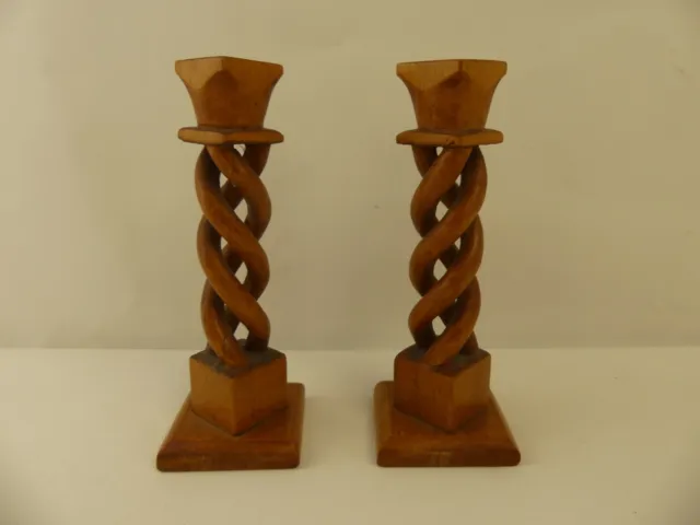 (RefJOH24) Pair of small wooden candlesticks handmade in 1957, approx 16cm tall