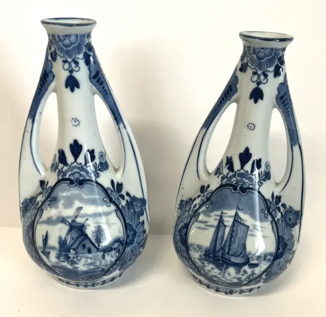 Delft Set of Dutch art nouveau Royal Blue style vases Mid Century 8"