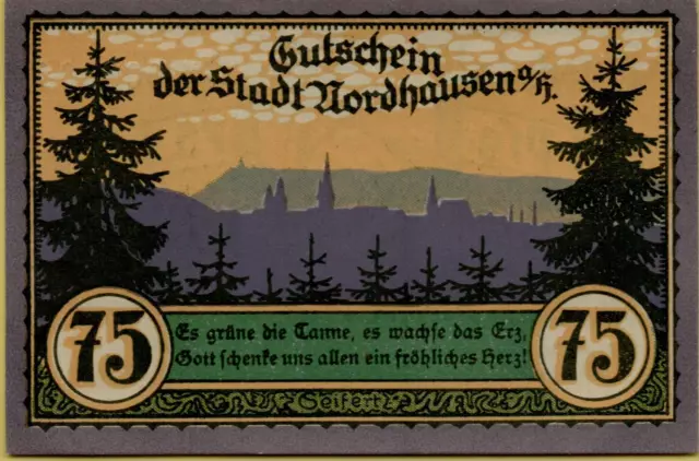 3971: Notgeld Gutschein 75 Pfennig Stadt Nordhausen Harz 1921