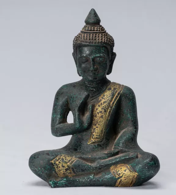 Buddha - Antique Khmer Style Seated Wood Buddha Statue Teaching Mudra - 20cm/8"