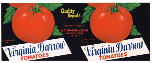 Can Label Vintage C1930 Ungers Store West Virginia Virginia Darrow Tomatoes