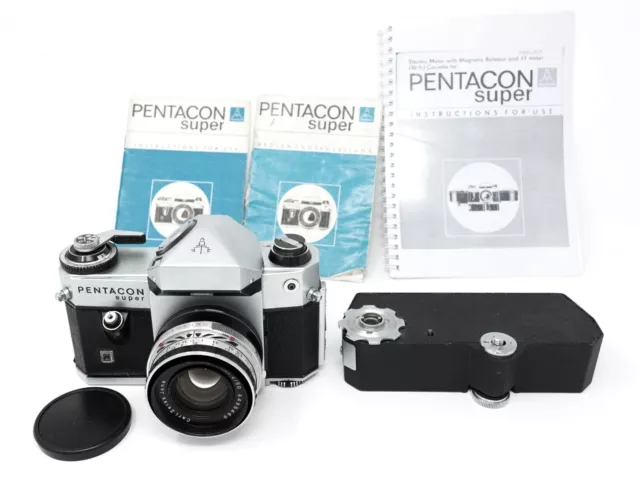 Película Pentacon Super 35 mm montaje SLR M42 con lente pancolar, bobinador, manuales RARA