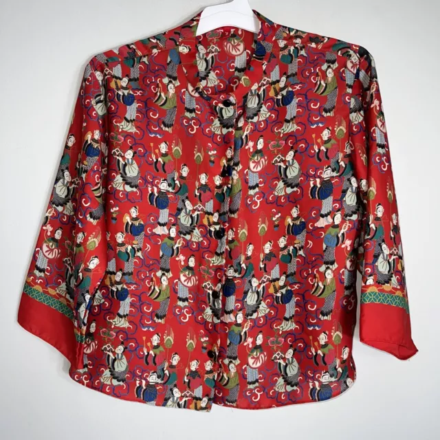 Josie Natori Silk-Silk Blend Top Pajama Top-Red-Asian Inspired Print-Large