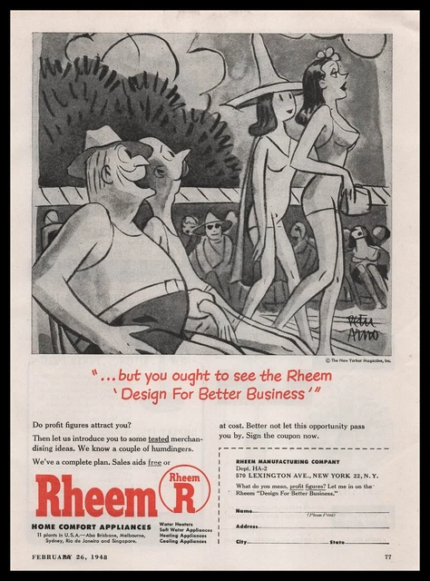 1948 Rheem Home Appliances New York NY Peter Arno Cartoon Art Vintage Print Ad