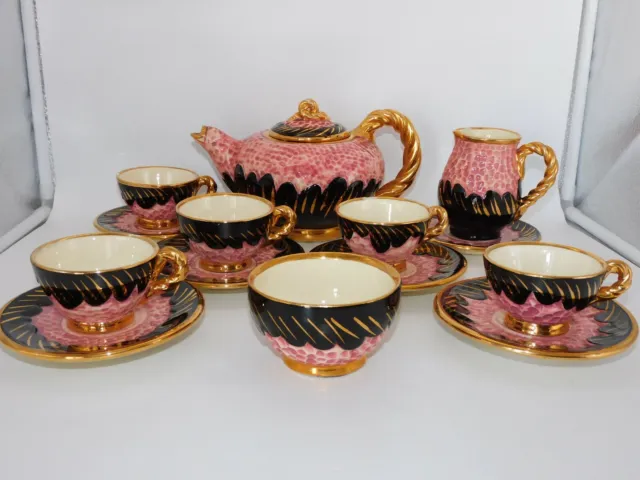 Service  The Ou Cafe Vintage 14 Pieces Ceramique Vallauris Rose Noir Et Dore I89