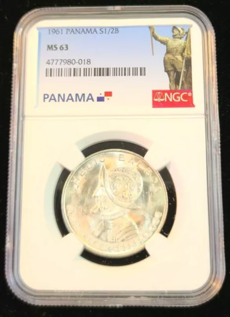 1961 Panama Silver 1/2 Balboa Vasco Nunez De Balboa Ngc Ms 63 Bright Beauty