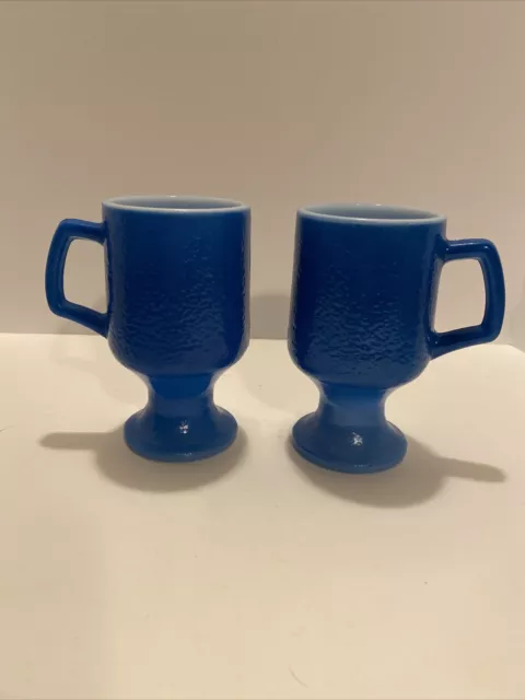 Set Of 2 Vintage Textured Blue Milk Glass Footed Pedestal Coffee Tea Cup Mug