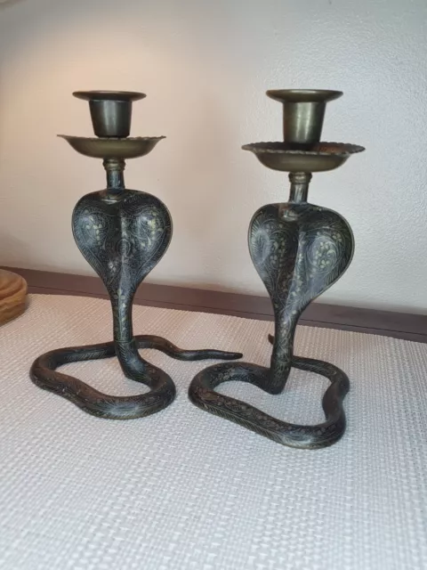 Pair of Antique Contoured Enamelled Brass Cobra Candlesticks
