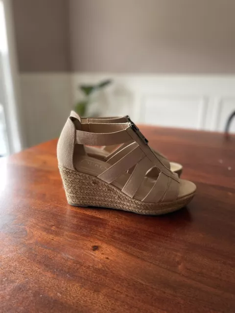 Ralph Lauren "Kelcie" Women's 6 B Sand Brown Linen Sandal Wedge Espadrilles