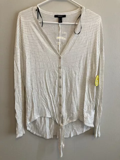 Forever 21 Women’s White NWT Striped Front Tie V-Neck Button Top Size Small