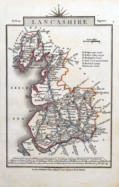 LANCASHIRE John Cary Original  Hand Coloured Miniature Antique County Map 1819