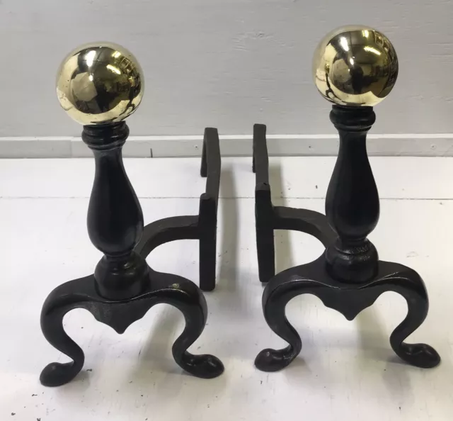 Antique 19th Cent. Brass Ball Andirons Hand Forged Billets SIGNED Victorian, Vtg