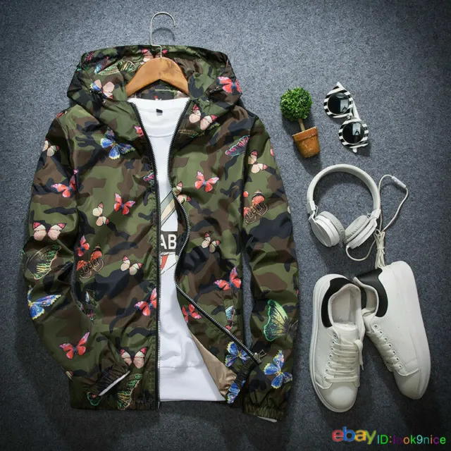 Men's Camouflage Jacket Coat Hooded Butterfly flower Sport jacket coat Outwear