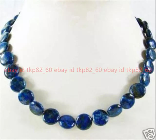 Beautiful 12mm Natural Blue Lapis Lazuli Coin Gemstone Beads Necklace 18"AAA
