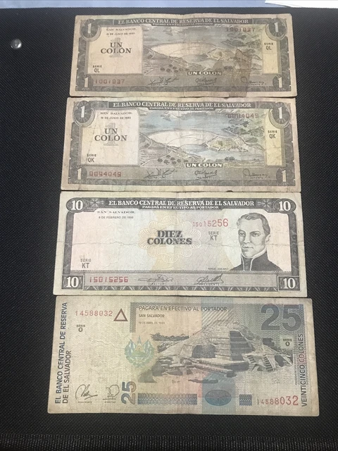 Lot of 4 Salvadoran banknotes 2 of 1 colon 1980-10 colones 1996-25 colones 1999