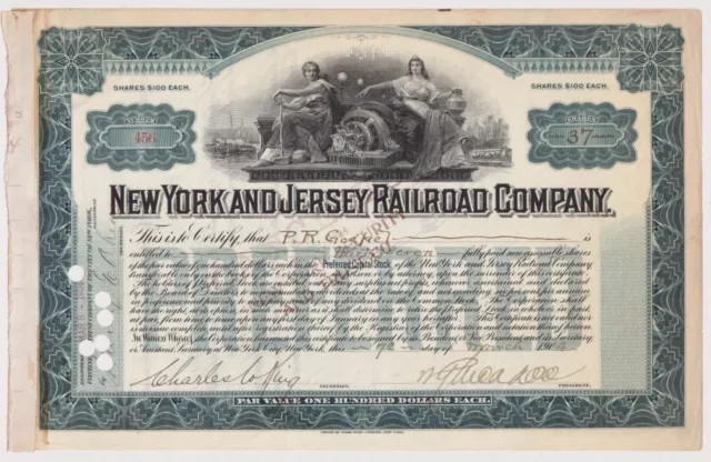 New York & Jersey Railroad Company Stock Certificate William Gibbs McAdoo