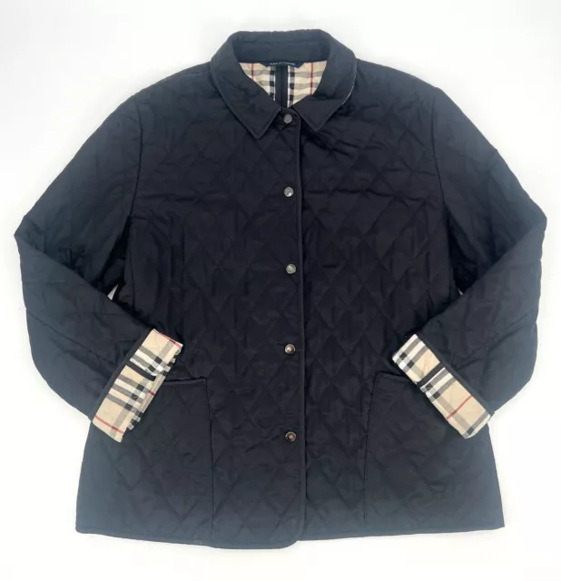 BURBERRY Vintage Women's Black Quilted Nova Check Snap Front Classic Jacket Sz L