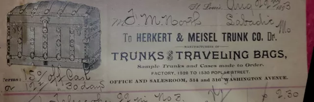 Vignette Billhead Letterhead Ephemera HERKERT & MEISEL TRUNK CO ST LOUIS 1893