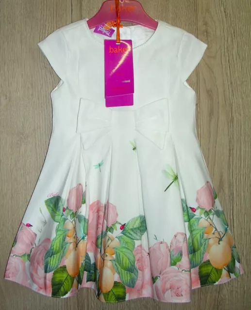 Ted Baker New Girls White Pink Dress Bow Trim Age 9-12 Months