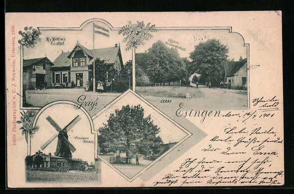 AK Esingen, Hellms Gasthof, Mühle, Straßenpartie 1901