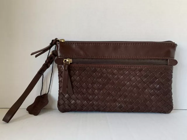 Margot New York Brown Genuine Leather Woven Clutch Bag